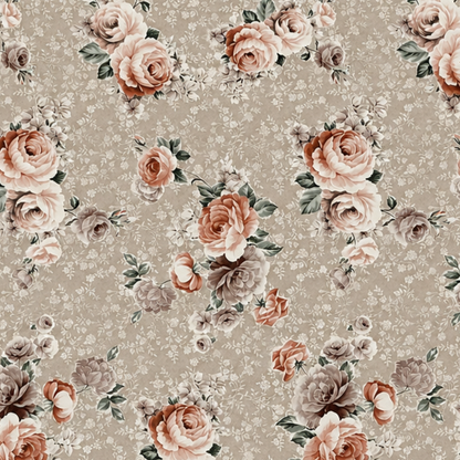 Wachstuch-Tischdecke mit romantischem Rosenmuster auf taupefarbenem Hintergrund. Große Blüten in Rosé-, Apricot- und Cremetönen sowie zarte Blätter verleihen dem floralen Design einen eleganten Vintage- und Landhausstil.