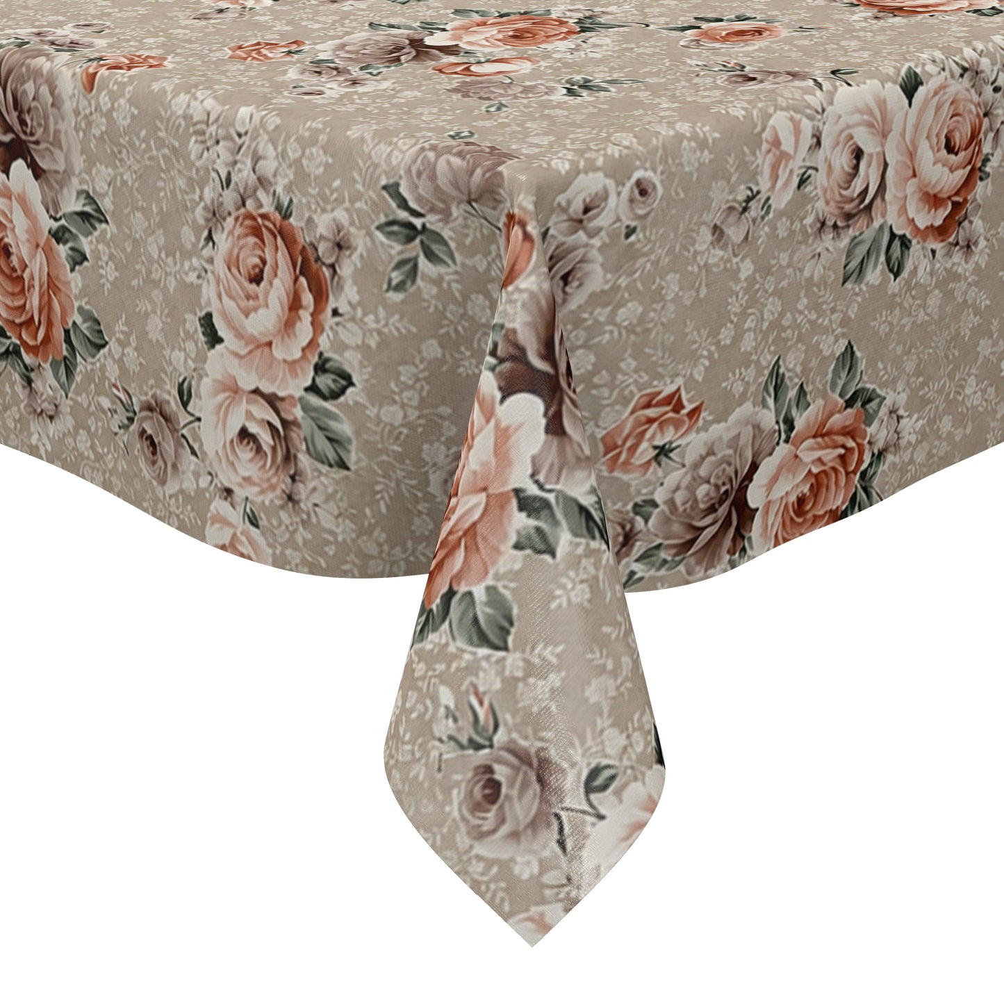 Wachstuch-Tischdecke mit romantischem Rosenmuster auf taupefarbenem Hintergrund. Große Blüten in Rosé-, Apricot- und Cremetönen sowie zarte Blätter verleihen dem floralen Design einen eleganten Vintage- und Landhausstil.