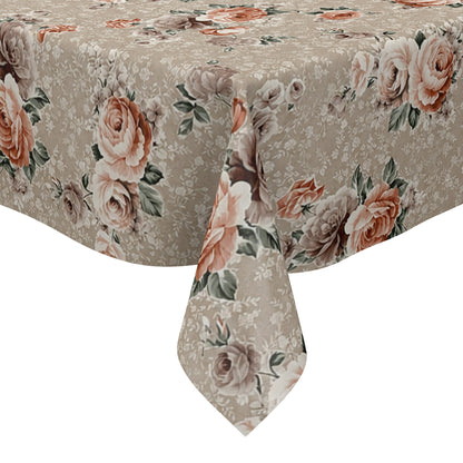 Wachstuch-Tischdecke mit romantischem Rosenmuster auf taupefarbenem Hintergrund. Große Blüten in Rosé-, Apricot- und Cremetönen sowie zarte Blätter verleihen dem floralen Design einen eleganten Vintage- und Landhausstil.
