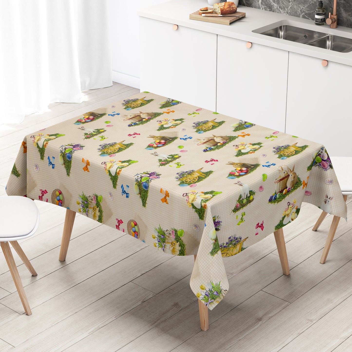 Oilcloth tablecloth 150A beige checked Easter Easter bunny Easter egg square round oval