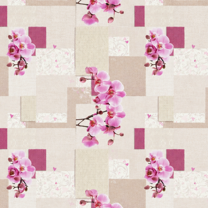 Rechteckiges Wachstuch mit hellem Beige- und Cremeton als Hintergrund, dekoriert mit großen rosa Orchideenblüten, pinkfarbenen Akzenten und einem modernen Patchwork-Muster aus Quadraten, Rechtecken und dezenten floralen Ornamenten. Die Tischdecke wirkt freundlich, elegant und romantisch.
