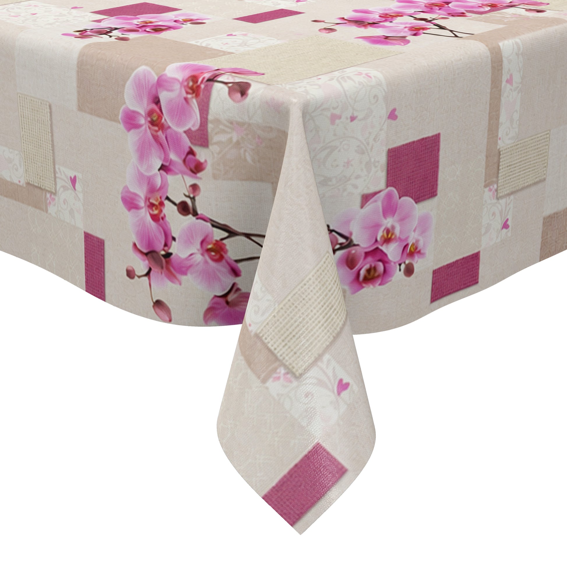 Rechteckiges Wachstuch mit hellem Beige- und Cremeton als Hintergrund, dekoriert mit großen rosa Orchideenblüten, pinkfarbenen Akzenten und einem modernen Patchwork-Muster aus Quadraten, Rechtecken und dezenten floralen Ornamenten. Die Tischdecke wirkt freundlich, elegant und romantisch.
