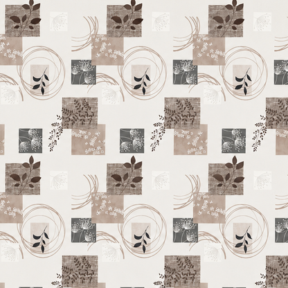 Wachstuch-Tischdecke mit herbstlichem Patchwork-Muster in Beige, Taupe, Braun und Grau. Dekorative Quadrate mit Blättern, Pflanzenmotiven, floralen Elementen und geschwungenen Linien verteilen sich gleichmäßig auf hellem Hintergrund. Das warme Design wirkt natürlich, modern und gemütlich und eignet sich ideal für eine stilvolle Herbstdekoration auf dem Esstisch.
