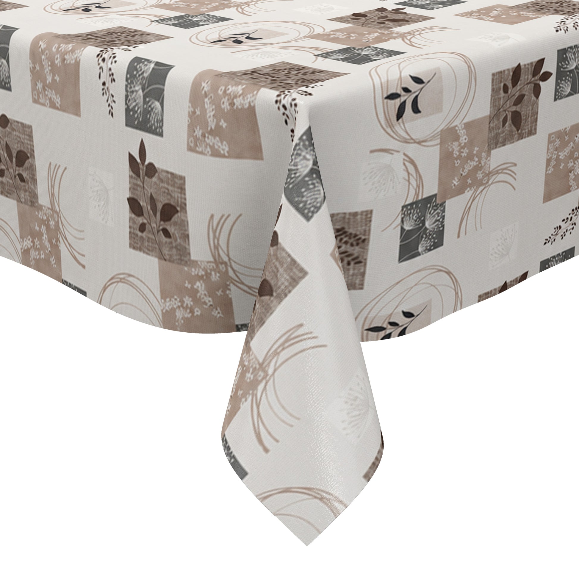 Wachstuch-Tischdecke mit herbstlichem Patchwork-Muster in Beige, Taupe, Braun und Grau. Dekorative Quadrate mit Blättern, Pflanzenmotiven, floralen Elementen und geschwungenen Linien verteilen sich gleichmäßig auf hellem Hintergrund. Das warme Design wirkt natürlich, modern und gemütlich und eignet sich ideal für eine stilvolle Herbstdekoration auf dem Esstisch.
