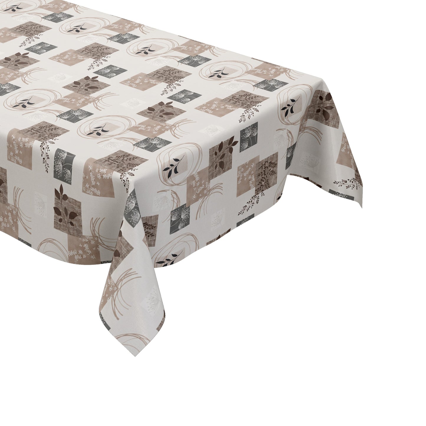 Wachstuch-Tischdecke mit herbstlichem Patchwork-Muster in Beige, Taupe, Braun und Grau. Dekorative Quadrate mit Blättern, Pflanzenmotiven, floralen Elementen und geschwungenen Linien verteilen sich gleichmäßig auf hellem Hintergrund. Das warme Design wirkt natürlich, modern und gemütlich und eignet sich ideal für eine stilvolle Herbstdekoration auf dem Esstisch.