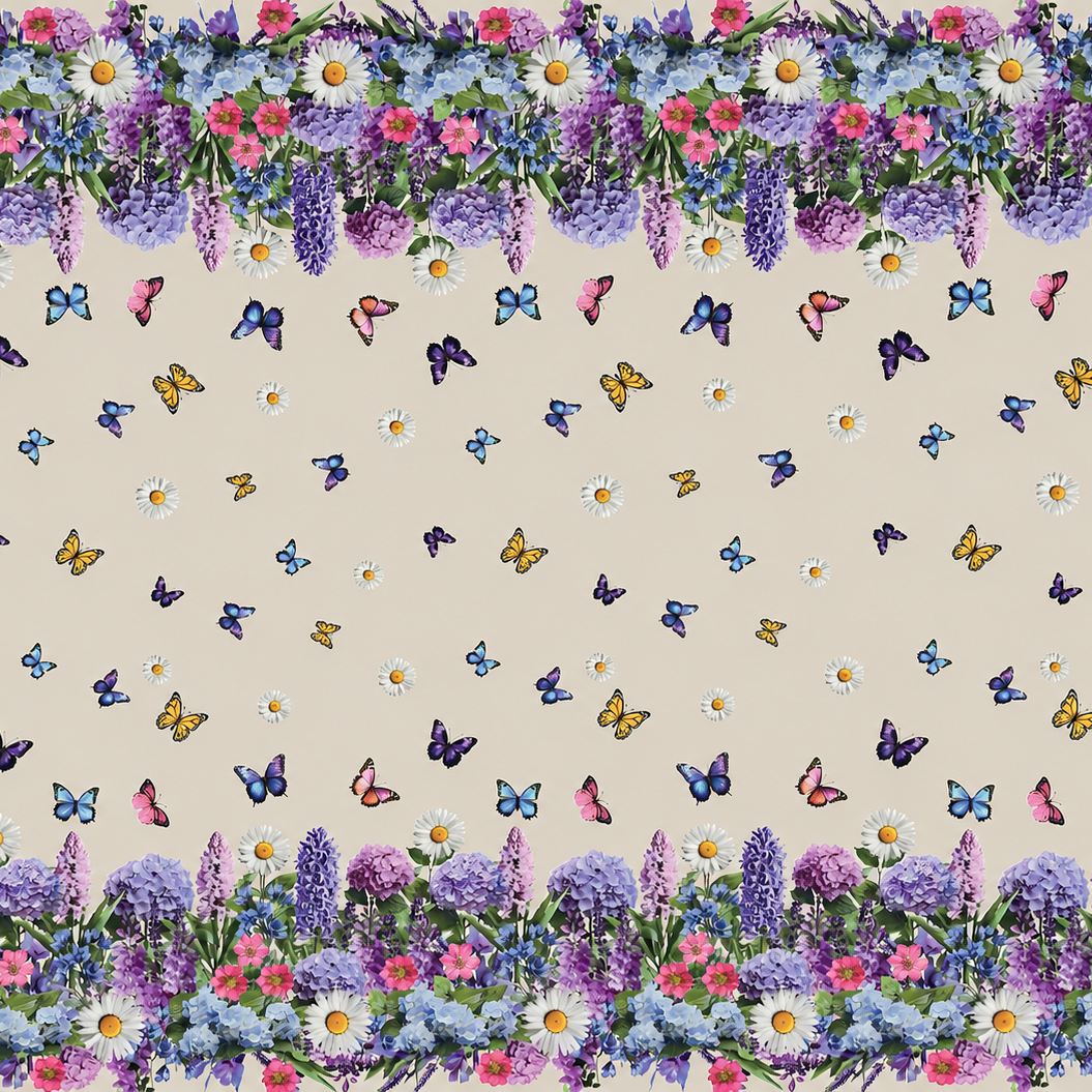 Wachstuch-Tischdecke mit cremefarbenem Hintergrund, dekoriert mit bunten Schmetterlingen und weißen Margeriten. Entlang der Ränder verläuft eine üppige Blumenbordüre aus Lavendel, Hortensien und weiteren Blüten in Violett-, Blau-, Rosa- und Weißtönen. Das frühlingshafte Design erinnert an eine blühende Gartenwiese und sorgt für eine freundliche, sommerliche Atmosphäre.
