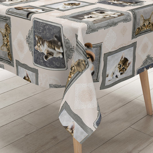 Wachstuch-Tischdecke mit cremefarbenem Hintergrund und dekorativem Katzenmotiv im Vintage-Stil. Verschiedene Katzenporträts in grauen und silbernen Bilderrahmen sind gleichmäßig über die Tischdecke verteilt. Das Design zeigt flauschige Kätzchen und neugierige Katzen mit dezenten Ornamentmustern zwischen den Rahmen.