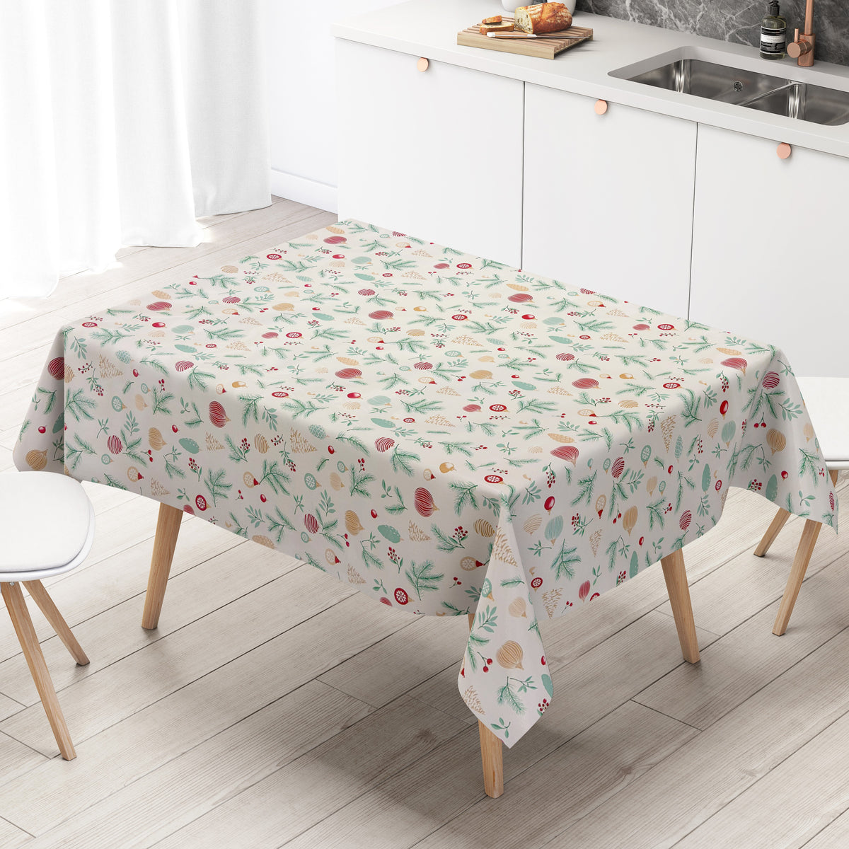 Wachstuch Tischdecke Weihnachten Tannenzapfen und Weihnachtskugeln