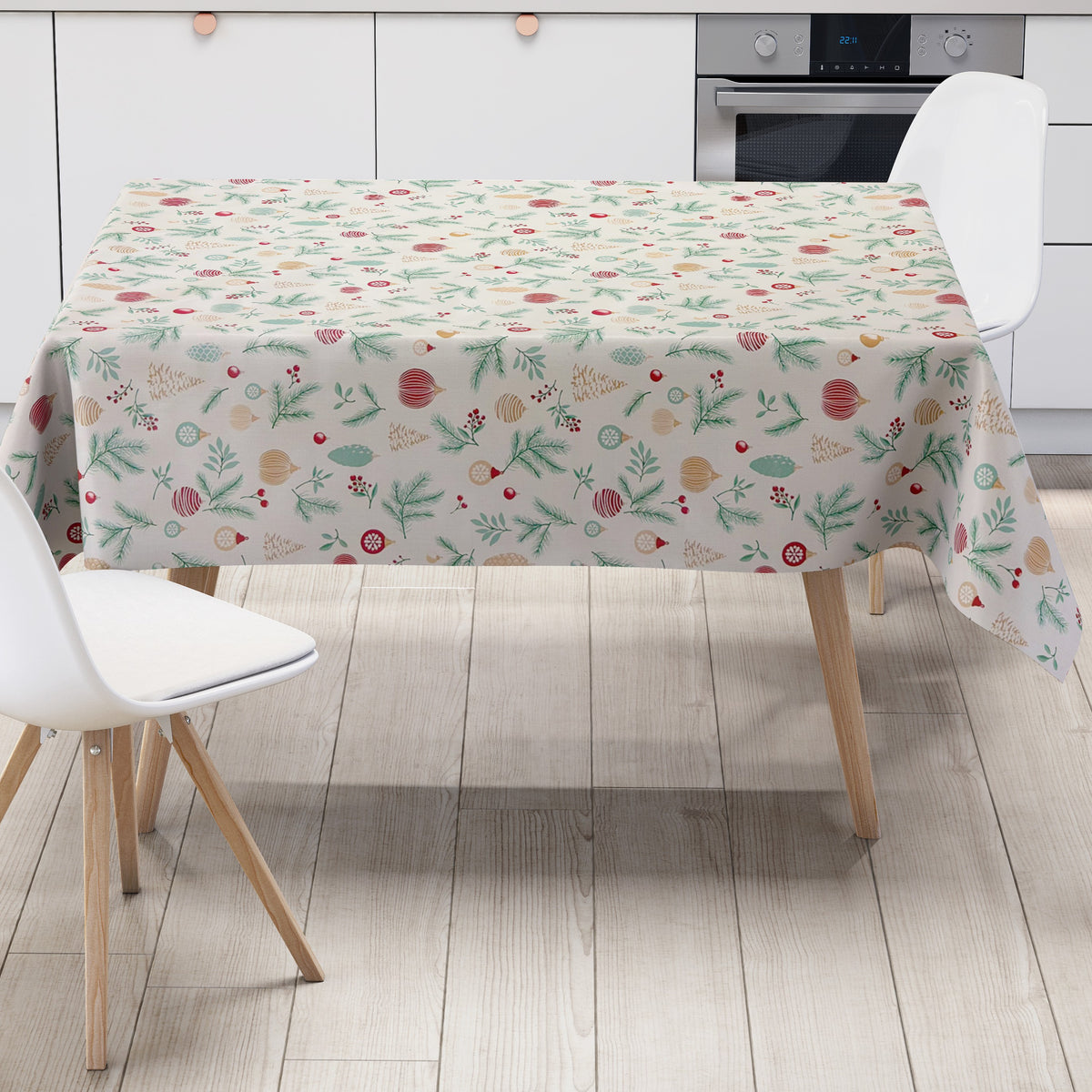 Wachstuch Tischdecke Weihnachten Tannenzapfen und Weihnachtskugeln