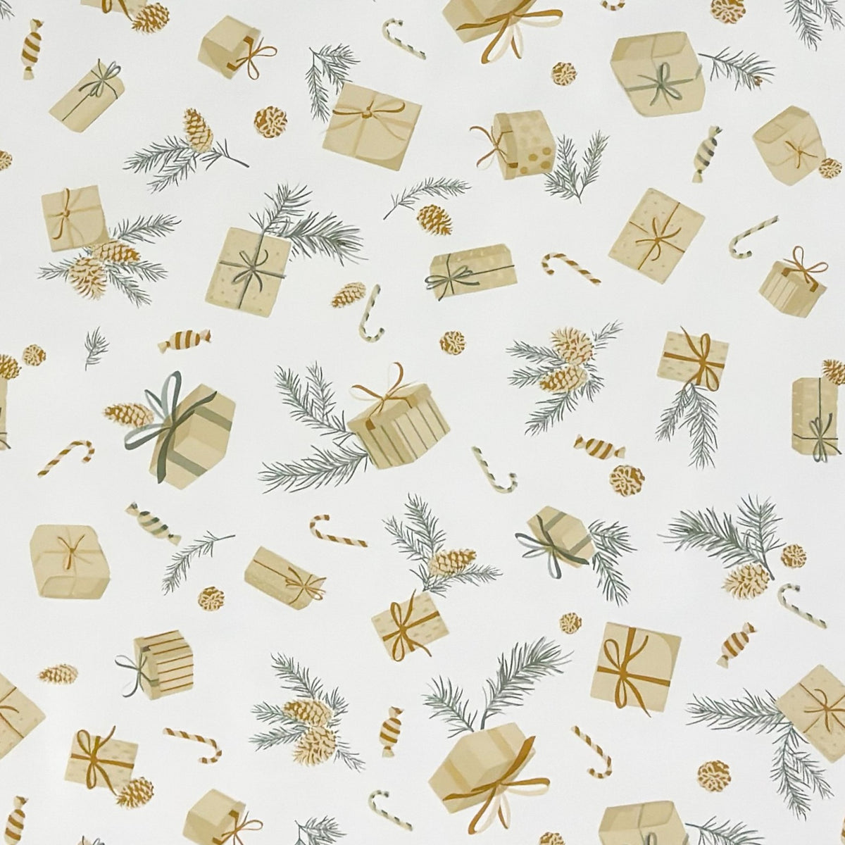 weihnachtliche Wachstuch Tischdecke mit Geschenken und Tannenzapfen auf beige