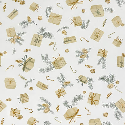 weihnachtliche Wachstuch Tischdecke mit Geschenken und Tannenzapfen auf beige