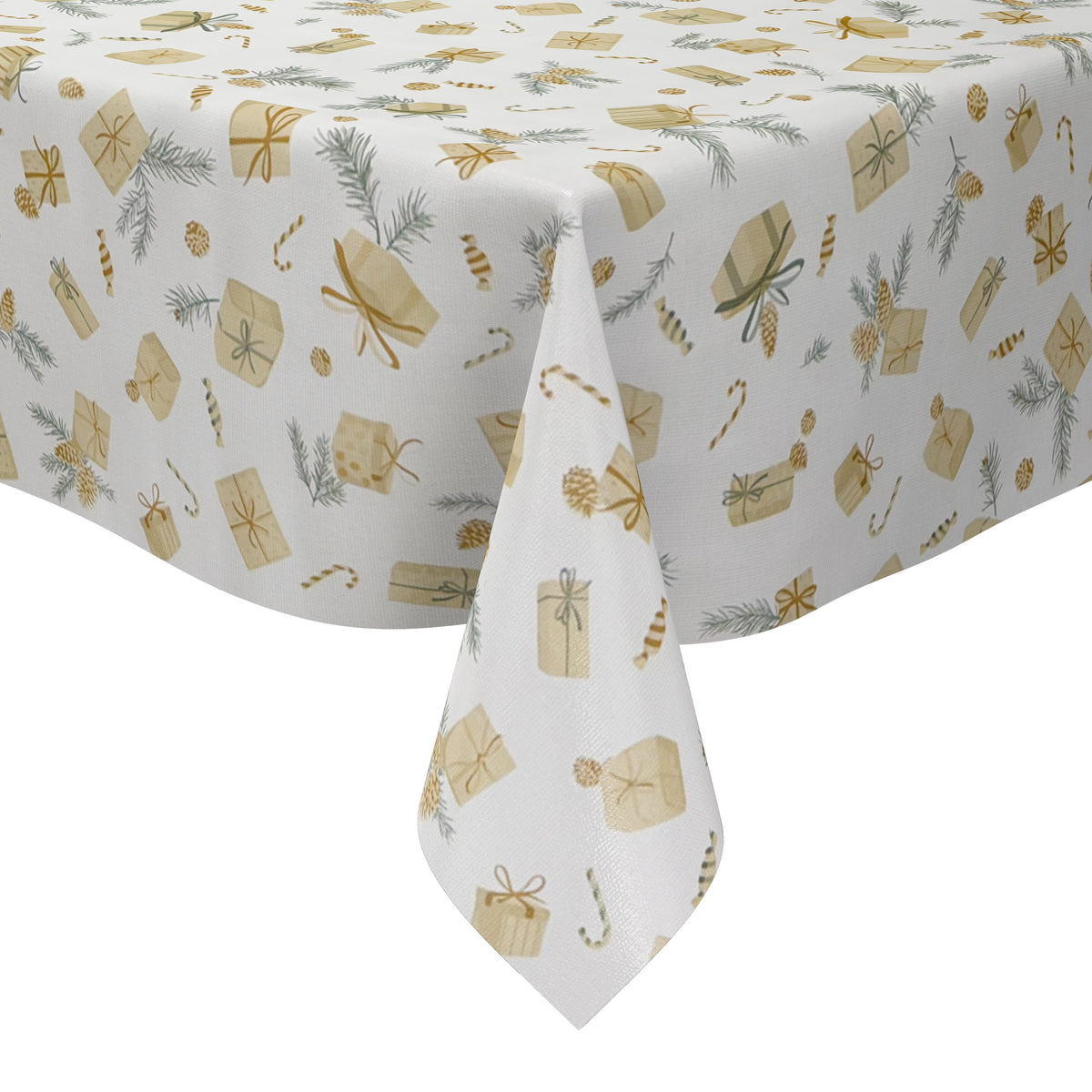 weihnachtliche Wachstuch Tischdecke mit Geschenken und Tannenzapfen auf beige