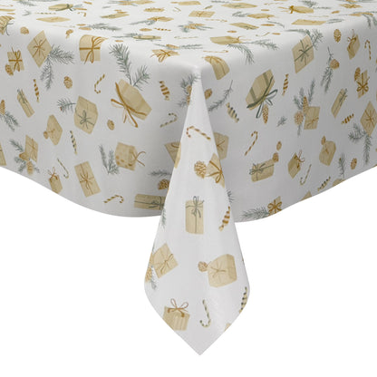 weihnachtliche Wachstuch Tischdecke mit Geschenken und Tannenzapfen auf beige