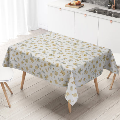 weihnachtliche Wachstuch Tischdecke mit Geschenken und Tannenzapfen auf beige