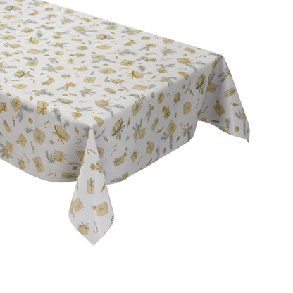 weihnachtliche Wachstuch Tischdecke mit Geschenken und Tannenzapfen auf beige