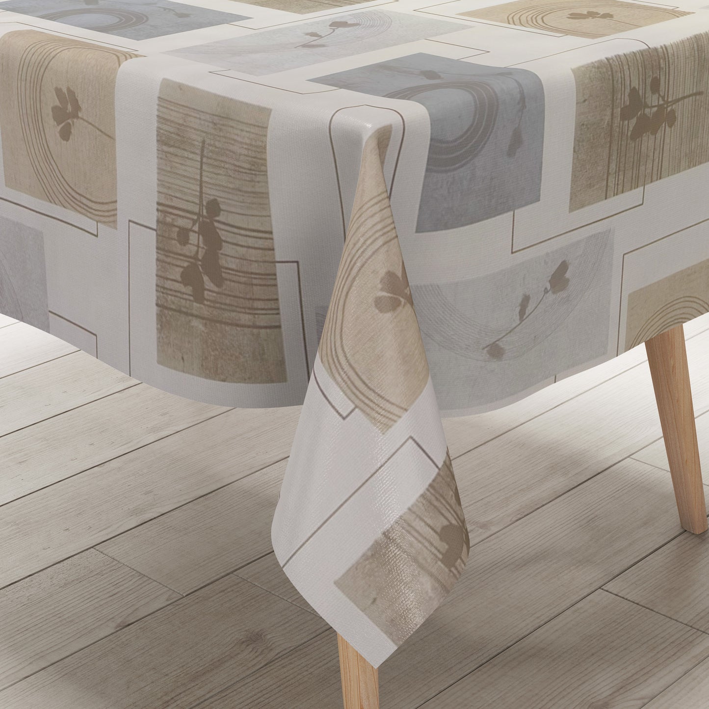 Wachstuch Tischdecke Modern Beige Grau – Grafisches Naturdesign mit Blättermotiv