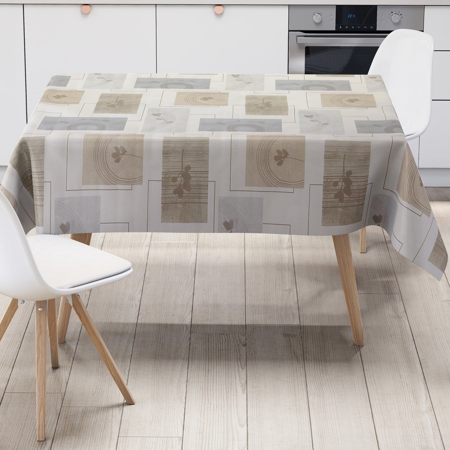 Wachstuch Tischdecke Modern Beige Grau – Grafisches Naturdesign mit Blättermotiv