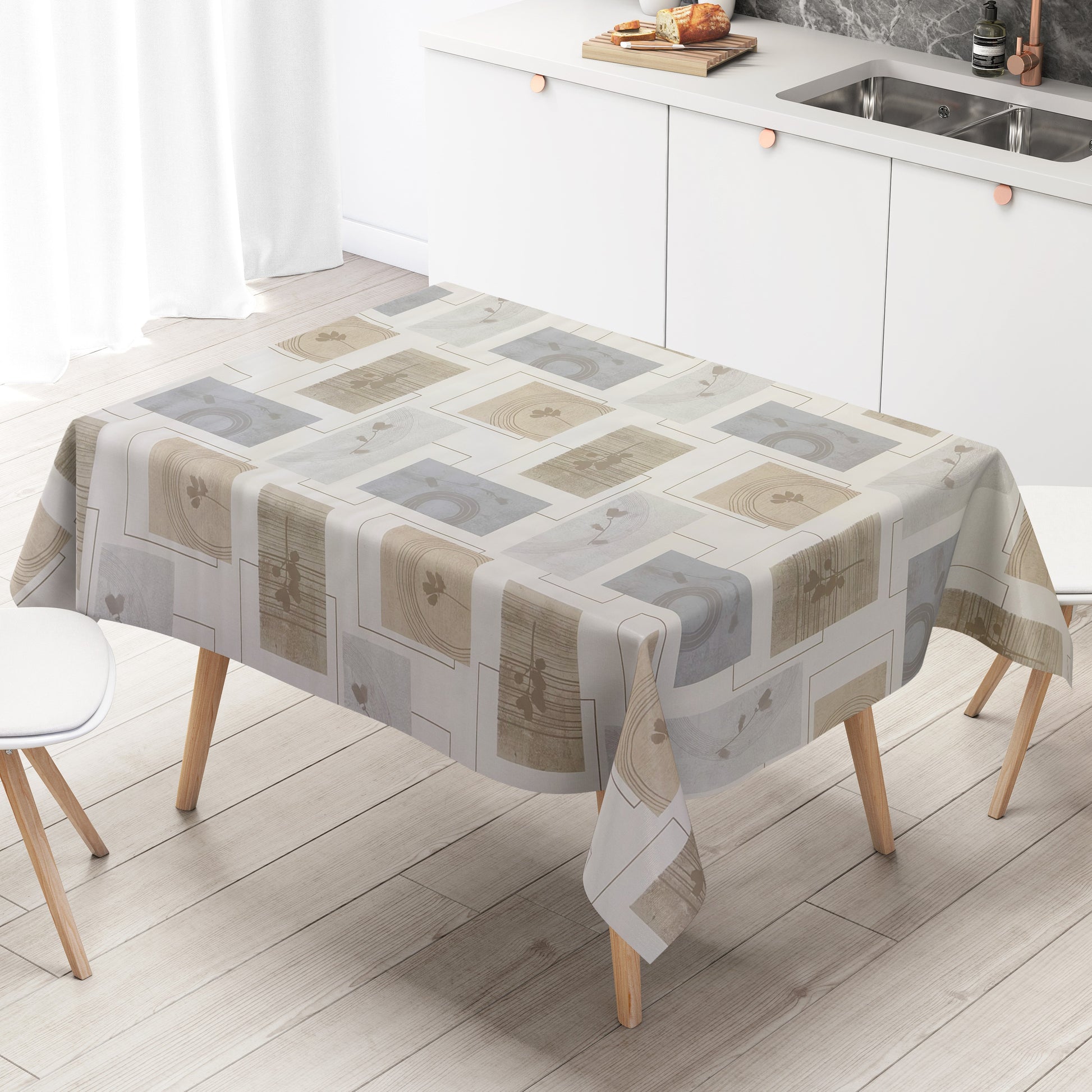Wachstuch Tischdecke Modern Beige Grau – Grafisches Naturdesign mit Blättermotiv