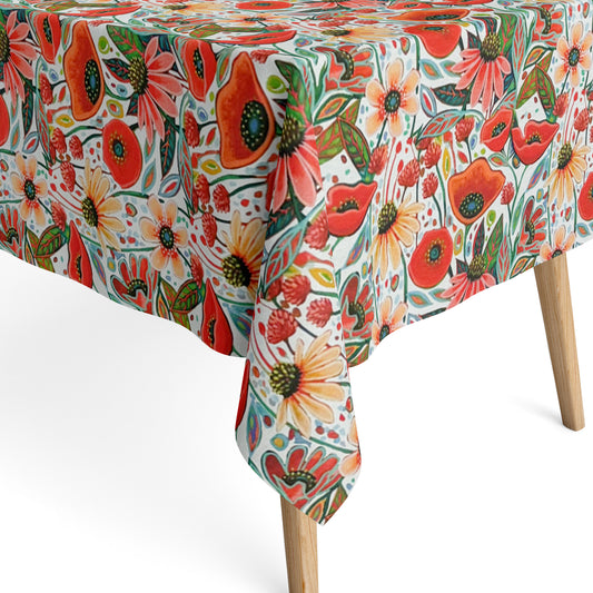  Die jacquard beschichtete Baumwolltischdecke präsentiert ein dichtes, detailreiches Blumenmuster mit Mohnblüten, Blättern und kleinen Streublüten in warmen Rot-, Creme- und Grüntönen. 