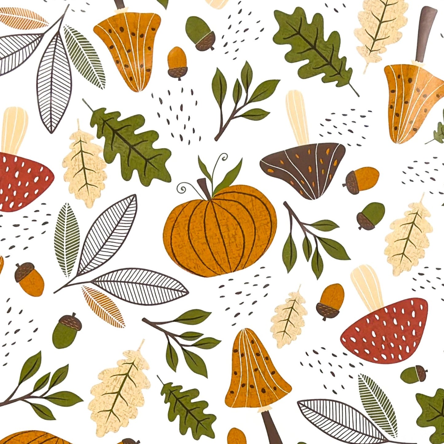 Wachstuch-Tischdecke mit herbstlichem Motiv aus Pilzen, Kürbissen, Eicheln und Blättern in warmen Orange-, Braun- und Grüntönen auf hellem Hintergrund.