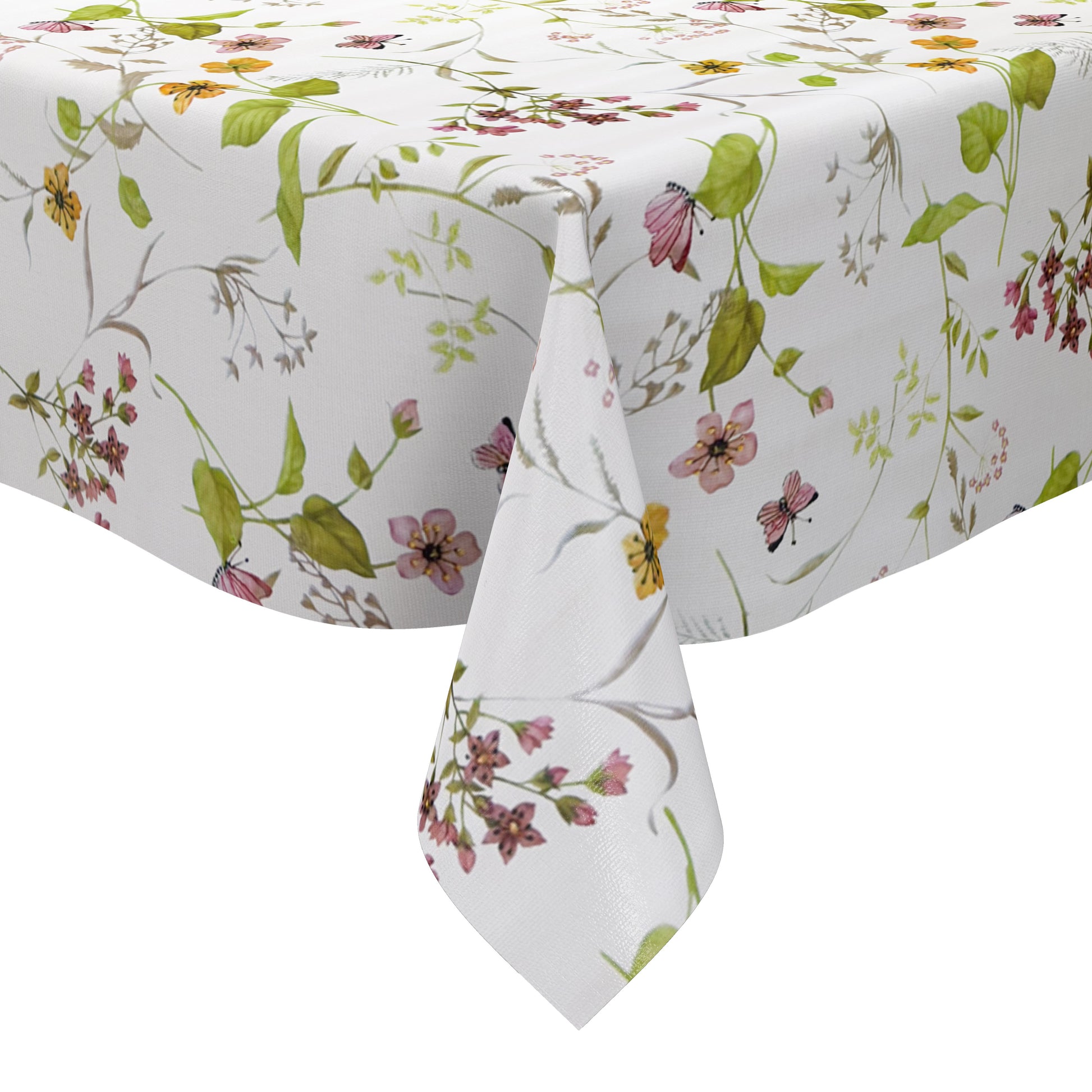 Wachstuch-Tischdecke mit floralem Muster aus zarten Blüten, grünen Blättern und Schmetterlingen auf hellem Hintergrund
