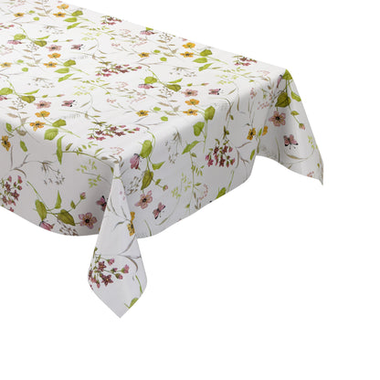 Wachstuch-Tischdecke mit floralem Muster aus zarten Blüten, grünen Blättern und Schmetterlingen auf hellem Hintergrund