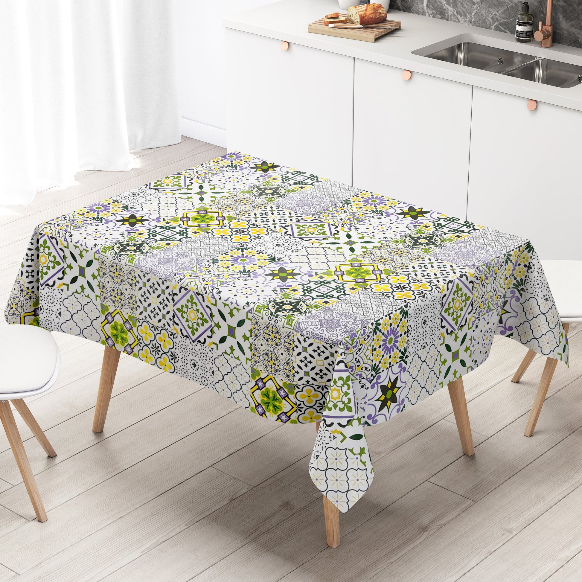 Wachstuch Tischdecke Fliesen lila grün gelb Mosaik