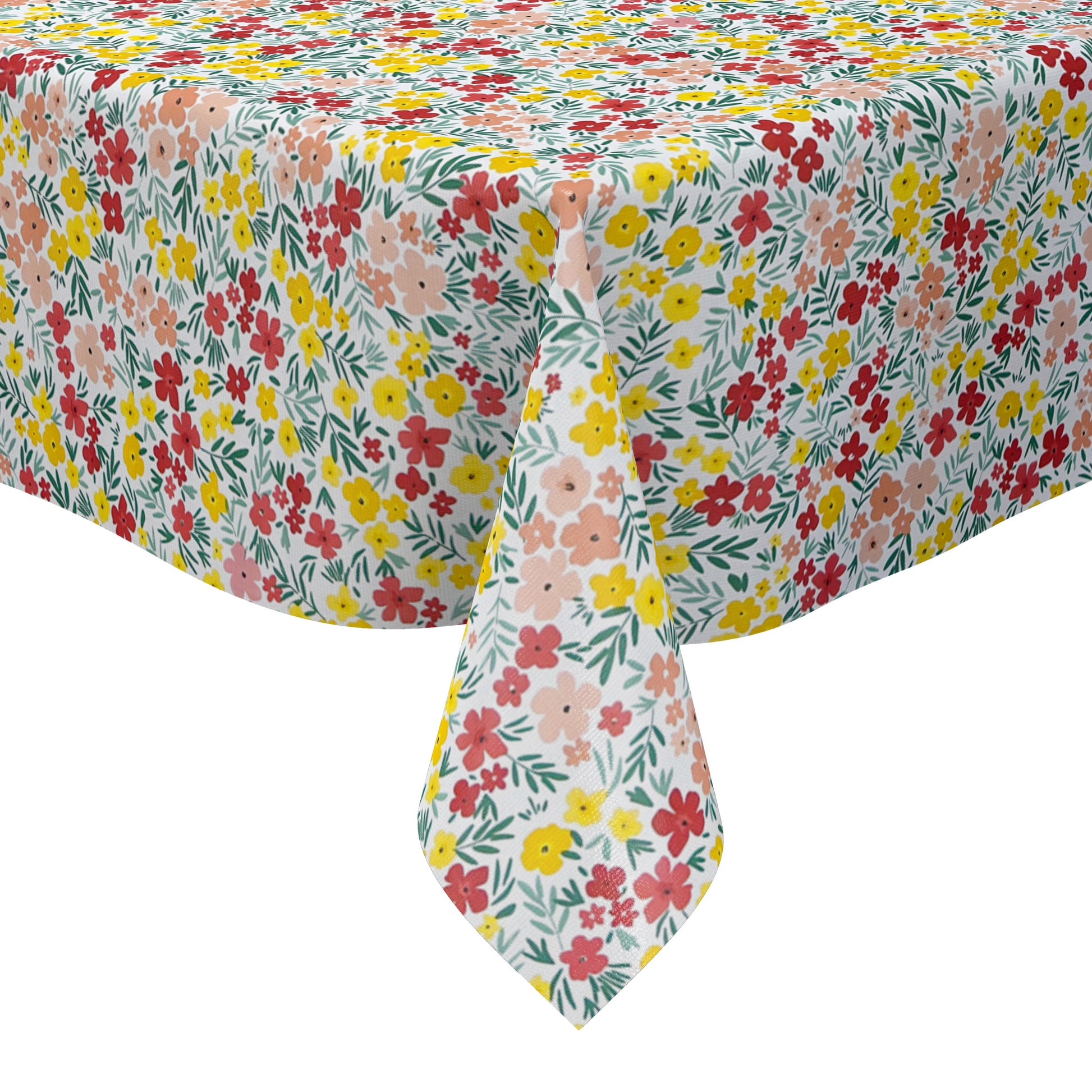 Bunte Wachstuch-Tischdecke mit dichtem Streublumenmuster in Rot, Gelb und Rosa sowie grünen Blättern auf hellem Hintergrund, über eine rechteckige Tischkante drapiert.