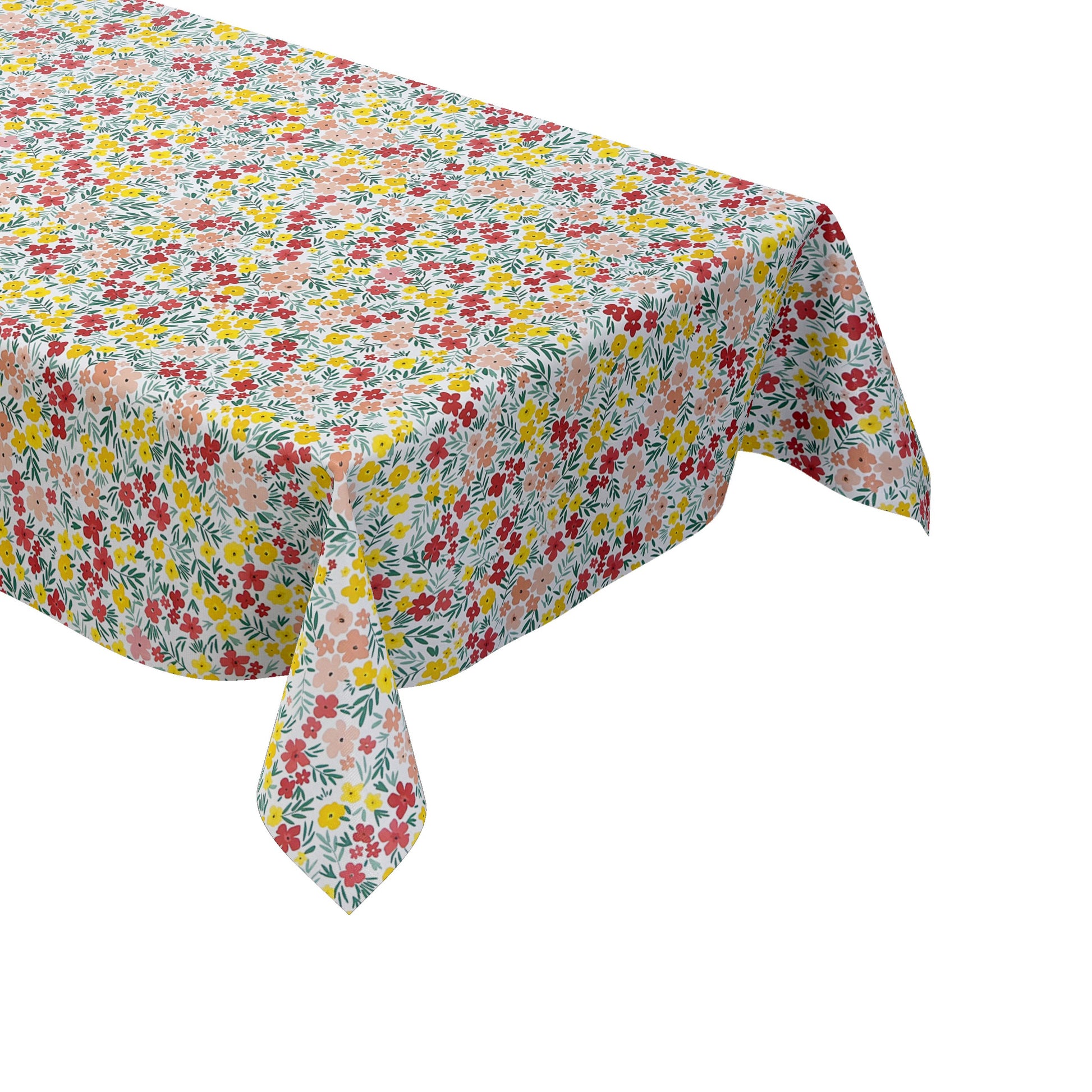 Bunte Wachstuch-Tischdecke mit dichtem Streublumenmuster in Rot, Gelb und Rosa sowie grünen Blättern auf hellem Hintergrund, über eine rechteckige Tischkante drapiert.
