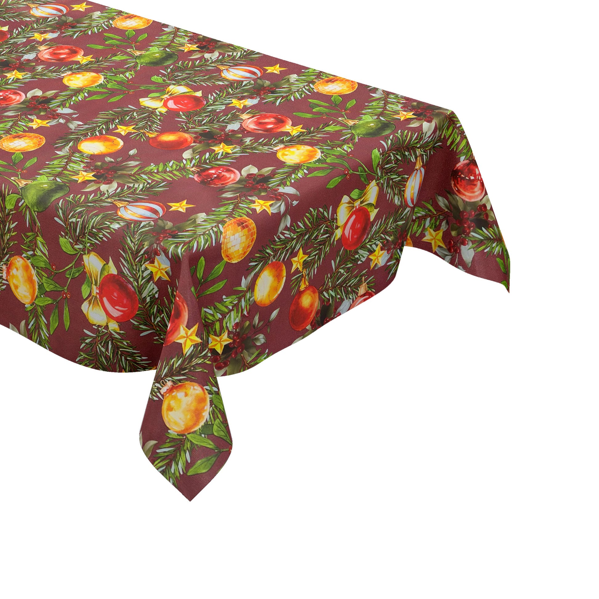 Weihnachtliche Wachstuch-Tischdecke mit bordeauxfarbenem Hintergrund, verziert mit grünen Tannenzweigen, roten, goldenen und grünen Christbaumkugeln sowie kleinen Sternen und Beeren im handgemalten Stil.