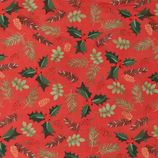 Weihnachtliche Wachstuch-Tischdecke auf rotem Hintergrund mit gleichmäßig verteilten Tannenzweigen, Tannenzapfen, Blättern und kleinen Beeren in einem natürlichen, dekorativen Stil.