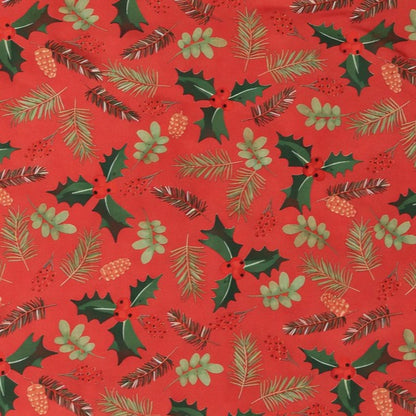 Weihnachtliche Wachstuch-Tischdecke auf rotem Hintergrund mit gleichmäßig verteilten Tannenzweigen, Tannenzapfen, Blättern und kleinen Beeren in einem natürlichen, dekorativen Stil.