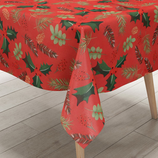 Weihnachtliche Wachstuch-Tischdecke auf rotem Hintergrund mit gleichmäßig verteilten Tannenzweigen, Tannenzapfen, Blättern und kleinen Beeren in einem natürlichen, dekorativen Stil.