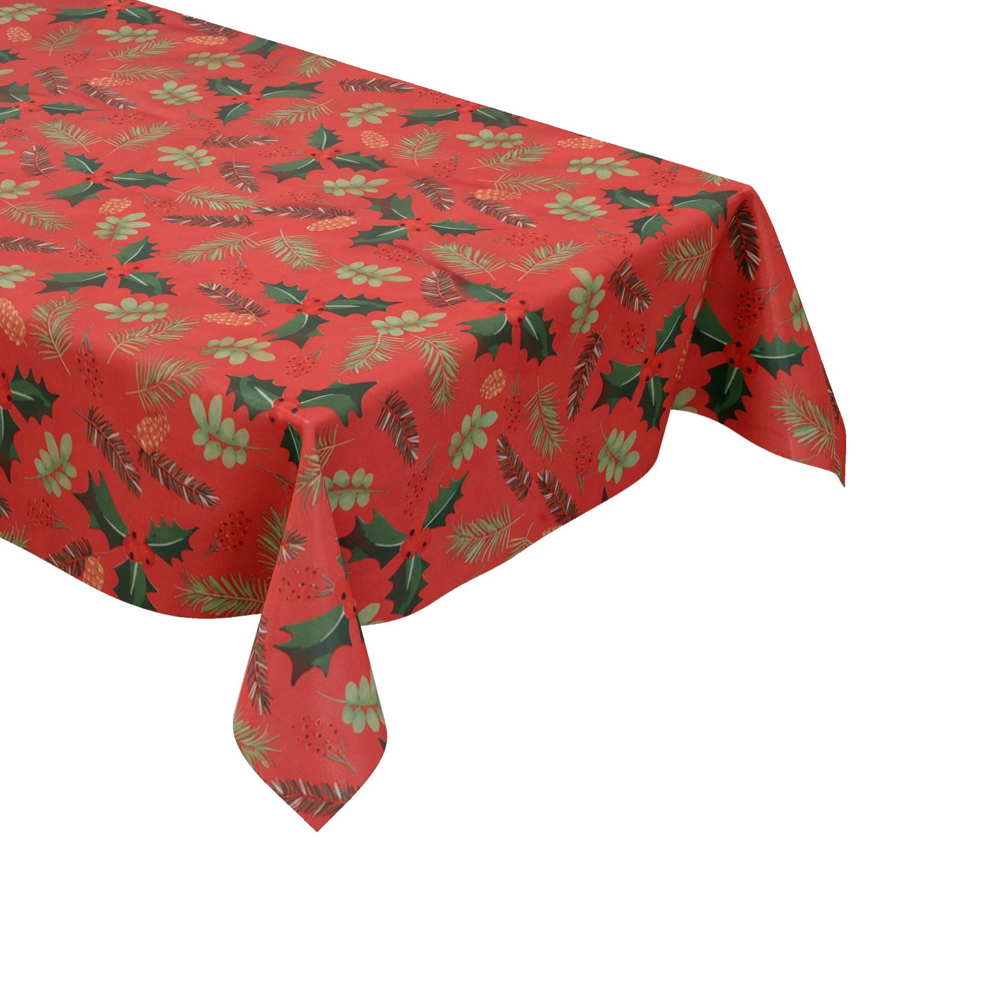 Weihnachtliche Wachstuch-Tischdecke auf rotem Hintergrund mit gleichmäßig verteilten Tannenzweigen, Tannenzapfen, Blättern und kleinen Beeren in einem natürlichen, dekorativen Stil.