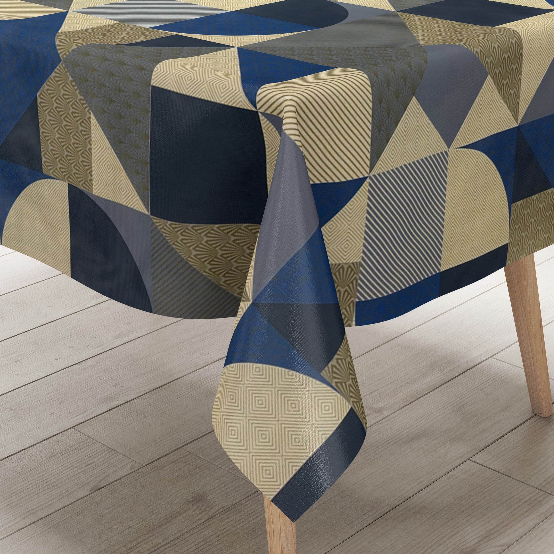 Wachstuch Tischdecke geometrische Formen in blau gold