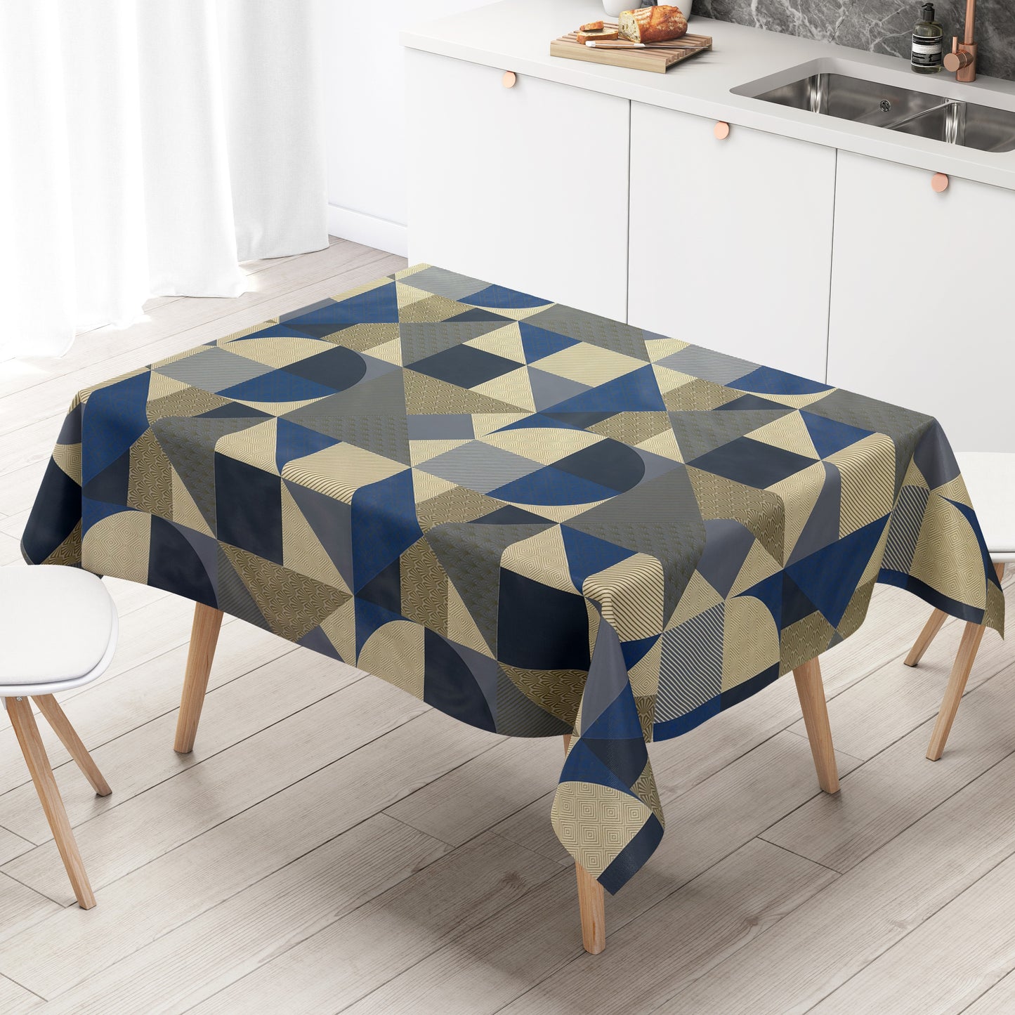 Wachstuch Tischdecke geometrische Formen in blau gold
