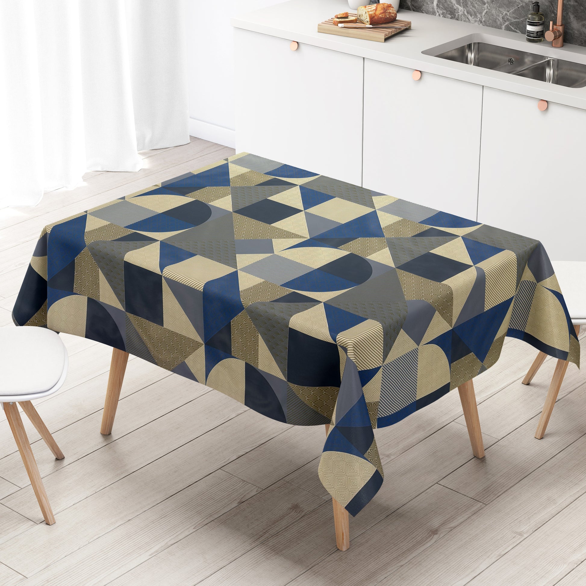 Wachstuch Tischdecke geometrische Formen in blau gold