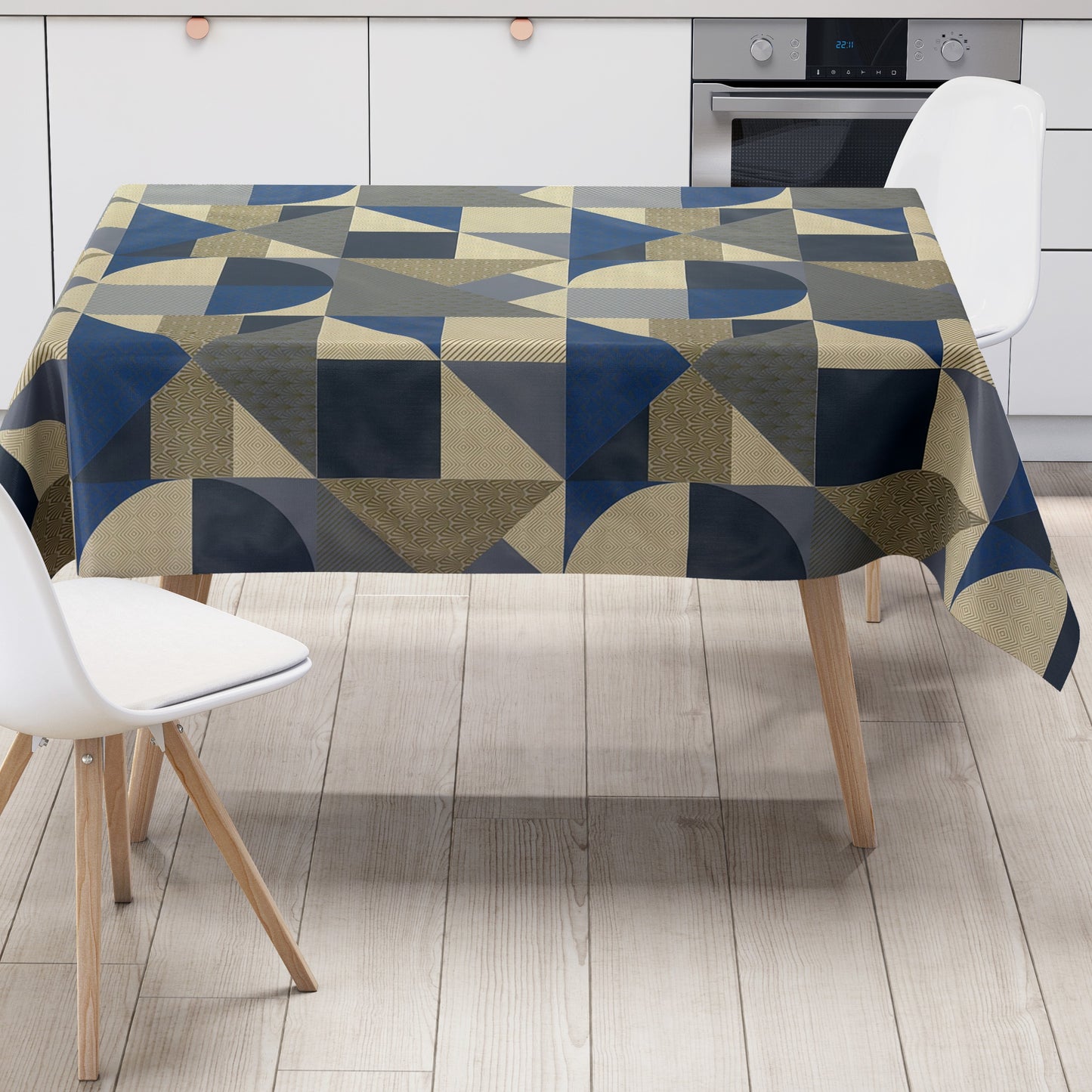 Wachstuch Tischdecke geometrische Formen in blau gold