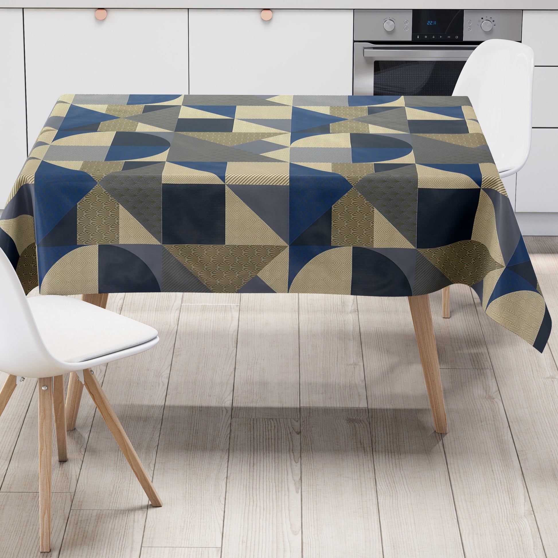 Wachstuch Tischdecke geometrische Formen in blau gold