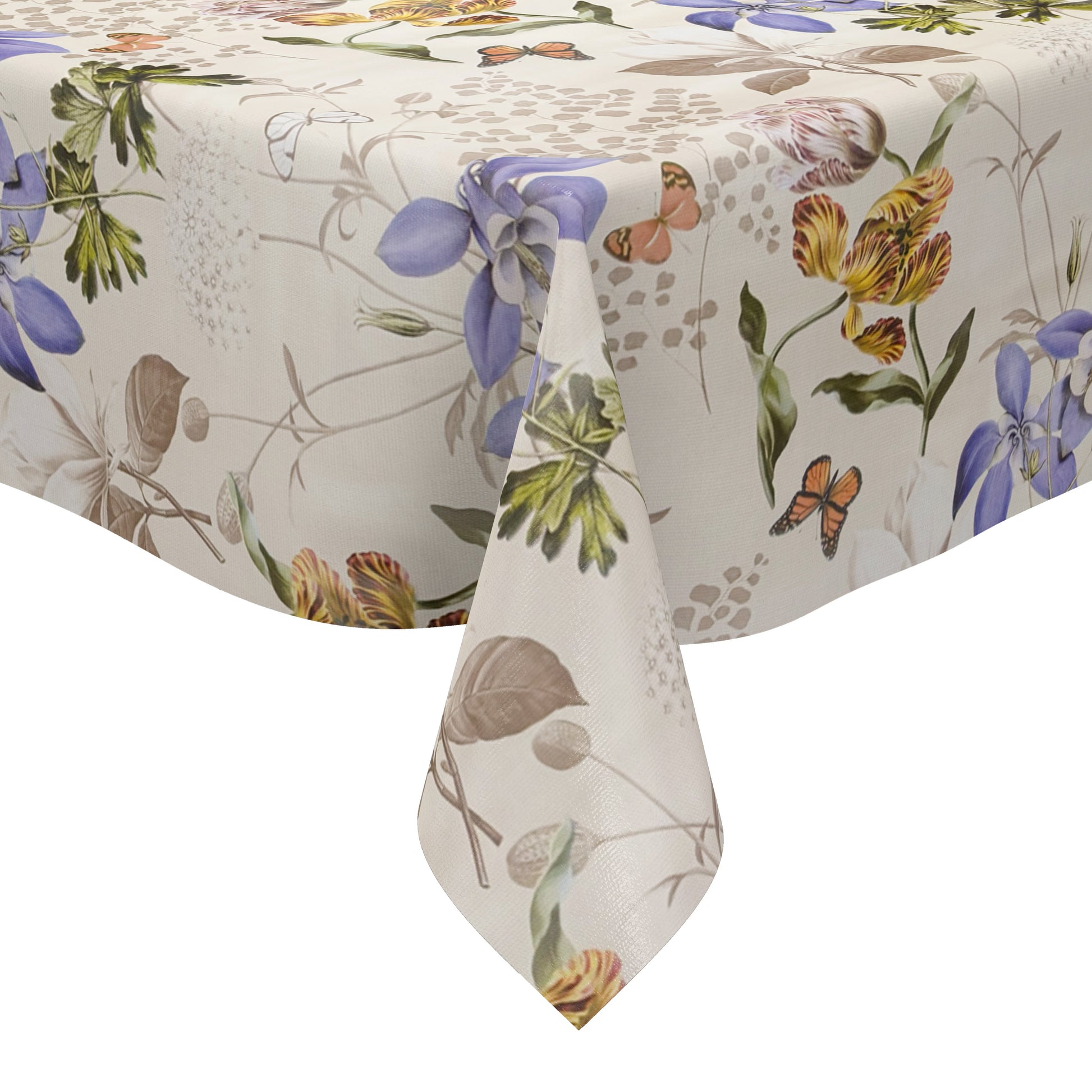 Elegante Wachstuch-Tischdecke mit stilisierten Blüten in Blau, Gelb und Rosa, feinen Blättern und Schmetterlingen auf hellem Hintergrund, ruhiges und harmonisches Naturdesign für dezente Tischdekoration