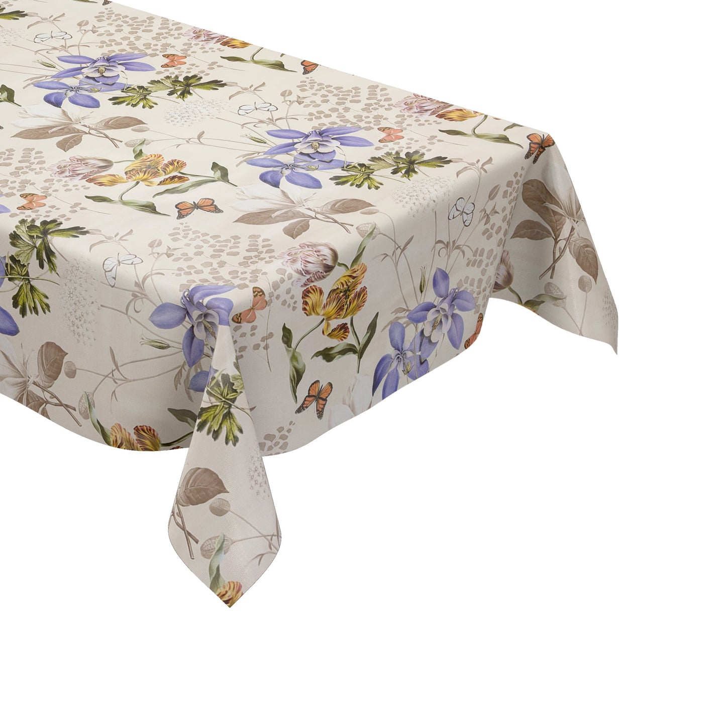 Elegante Wachstuch-Tischdecke mit stilisierten Blüten in Blau, Gelb und Rosa, feinen Blättern und Schmetterlingen auf hellem Hintergrund, ruhiges und harmonisches Naturdesign für dezente Tischdekoration