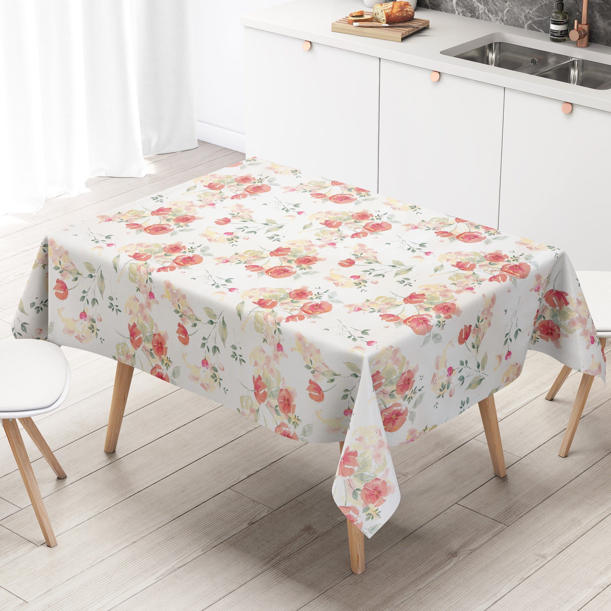 Wachstuch Tischdecke mit pastellfarbenen Mohnblumen