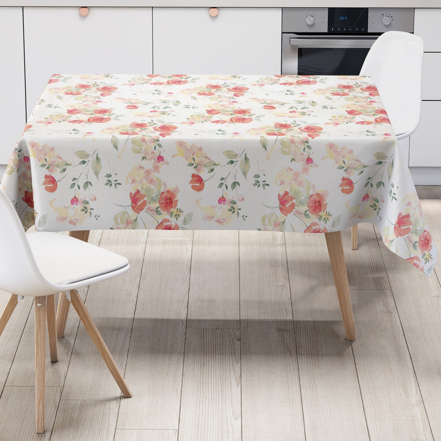 Wachstuch Tischdecke mit pastellfarbenen Mohnblumen