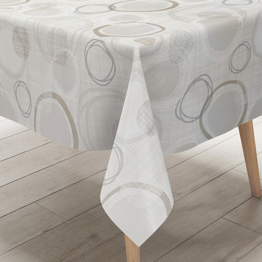 Moderne Wachstuch-Tischdecke mit abstraktem Kreismuster in Beige-, Grau- und Cremetönen auf heller Leinenoptik.