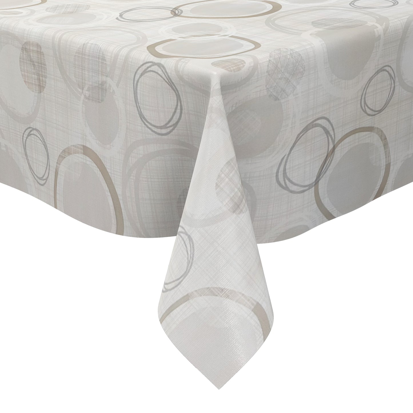 Moderne Wachstuch-Tischdecke mit abstraktem Kreismuster in Beige-, Grau- und Cremetönen auf heller Leinenoptik.
