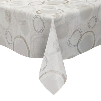 Moderne Wachstuch-Tischdecke mit abstraktem Kreismuster in Beige-, Grau- und Cremetönen auf heller Leinenoptik.