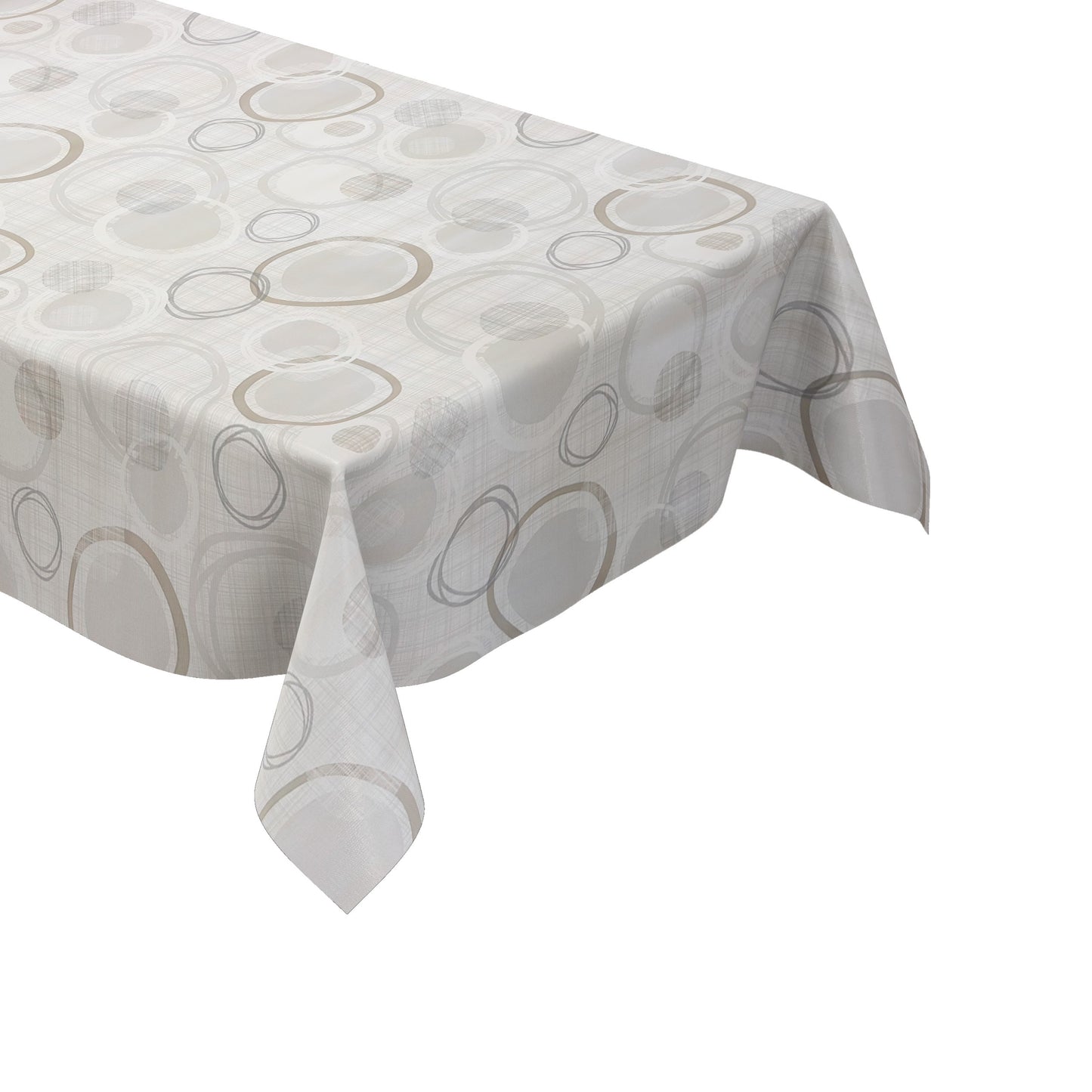 Moderne Wachstuch-Tischdecke mit abstraktem Kreismuster in Beige-, Grau- und Cremetönen auf heller Leinenoptik.