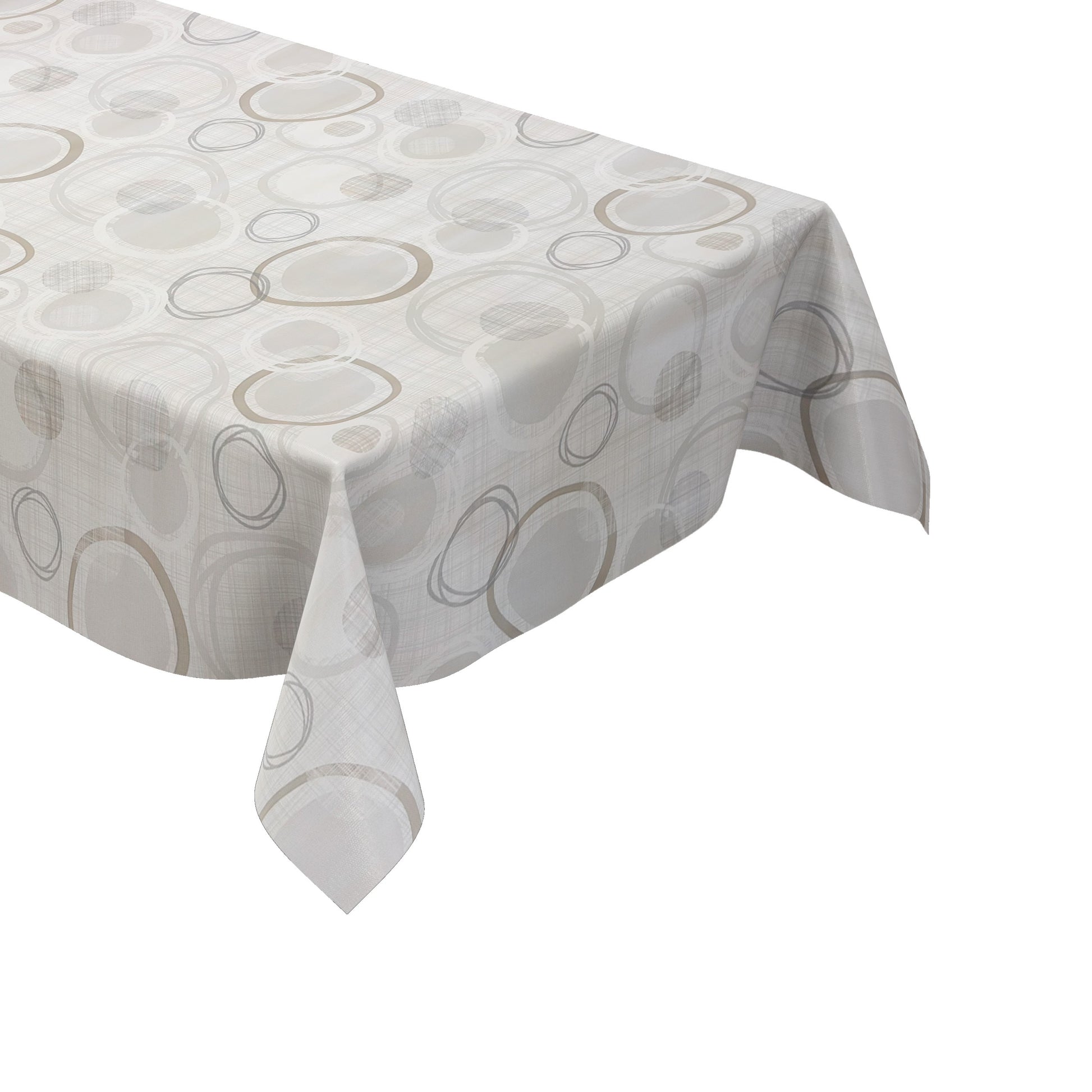 Moderne Wachstuch-Tischdecke mit abstraktem Kreismuster in Beige-, Grau- und Cremetönen auf heller Leinenoptik.