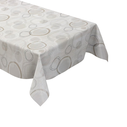 Moderne Wachstuch-Tischdecke mit abstraktem Kreismuster in Beige-, Grau- und Cremetönen auf heller Leinenoptik.