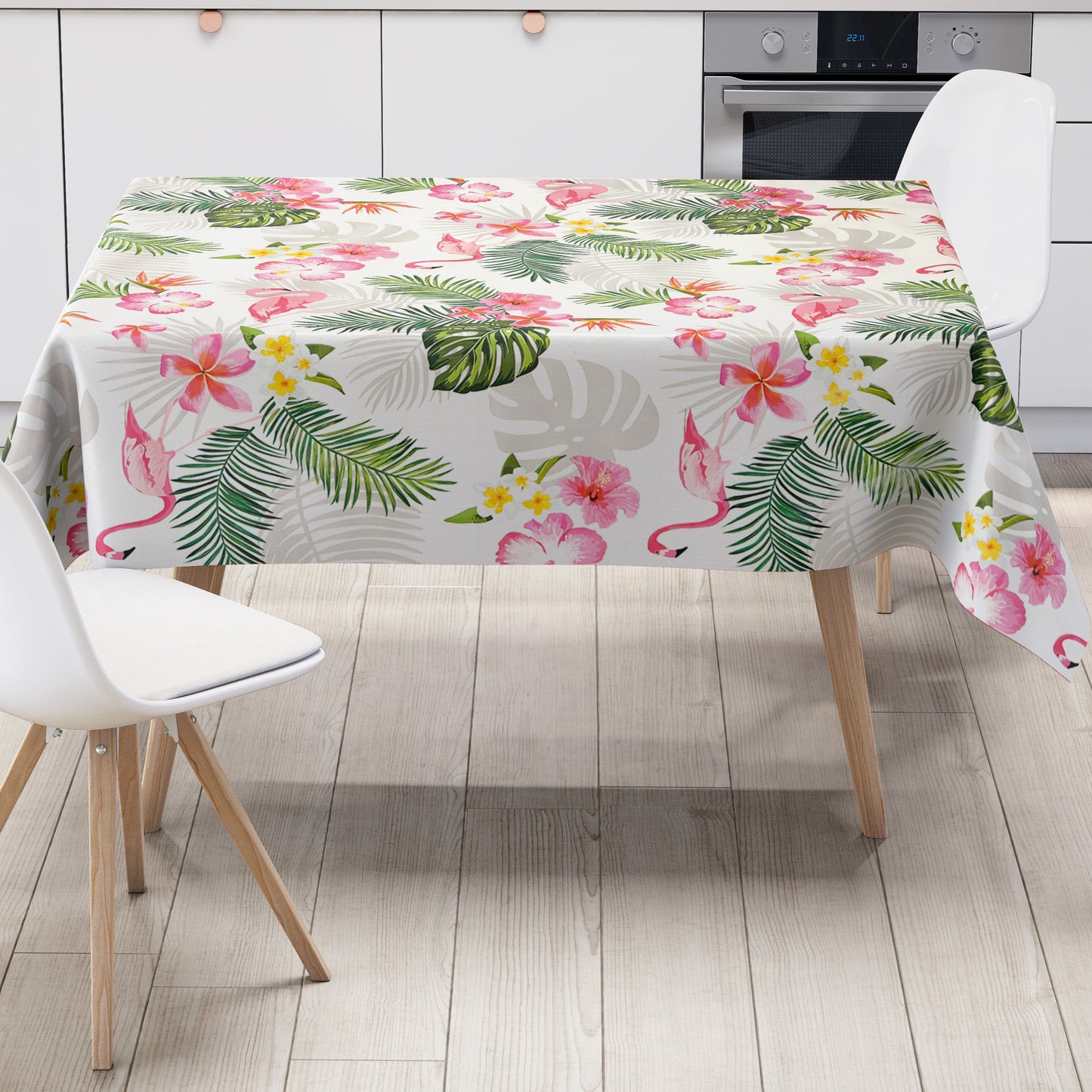 Wachstuch Tischdecke Dschungel Flamingo weiss